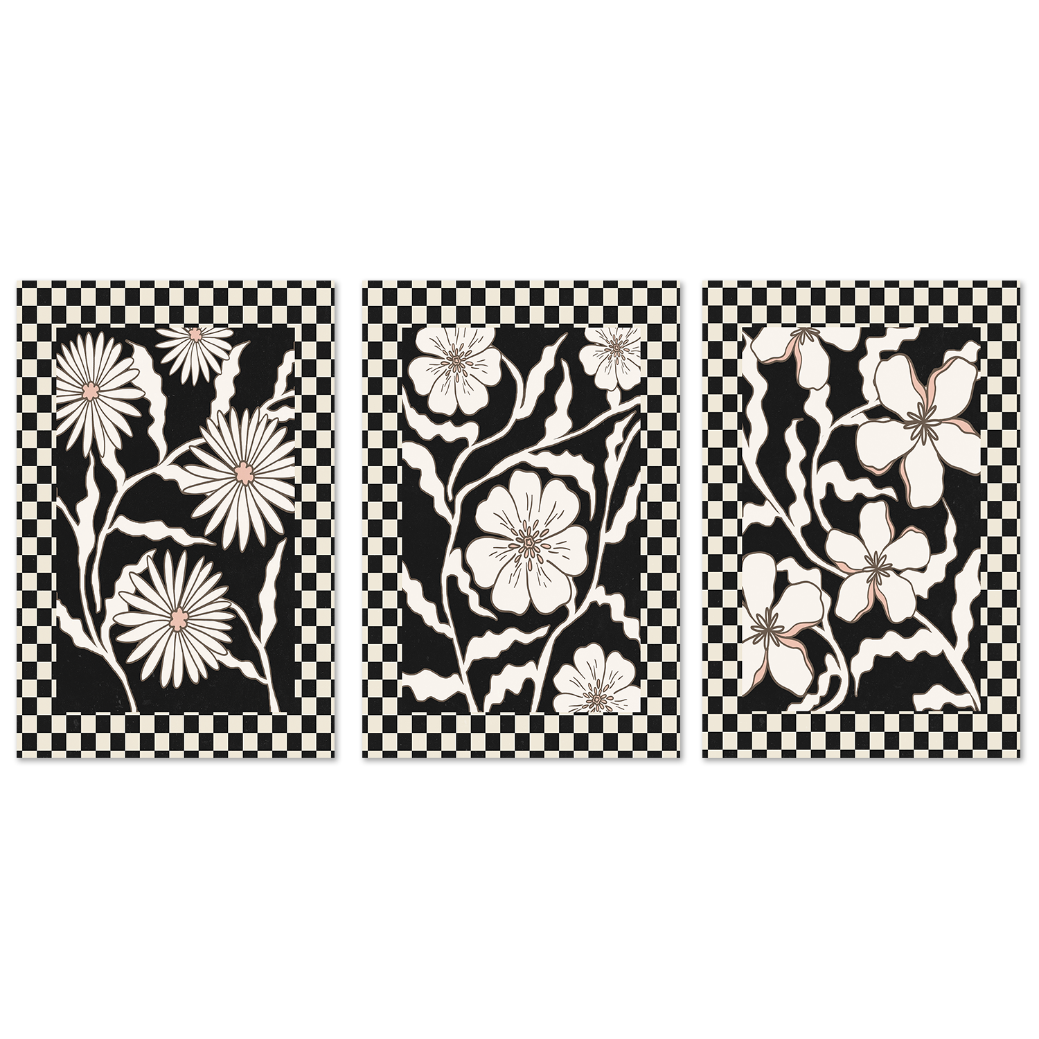 wall-art-print-canvas-poster-framed-Checker Floral, Style D, E & F, Set Of 3 , By Nina Blue-5