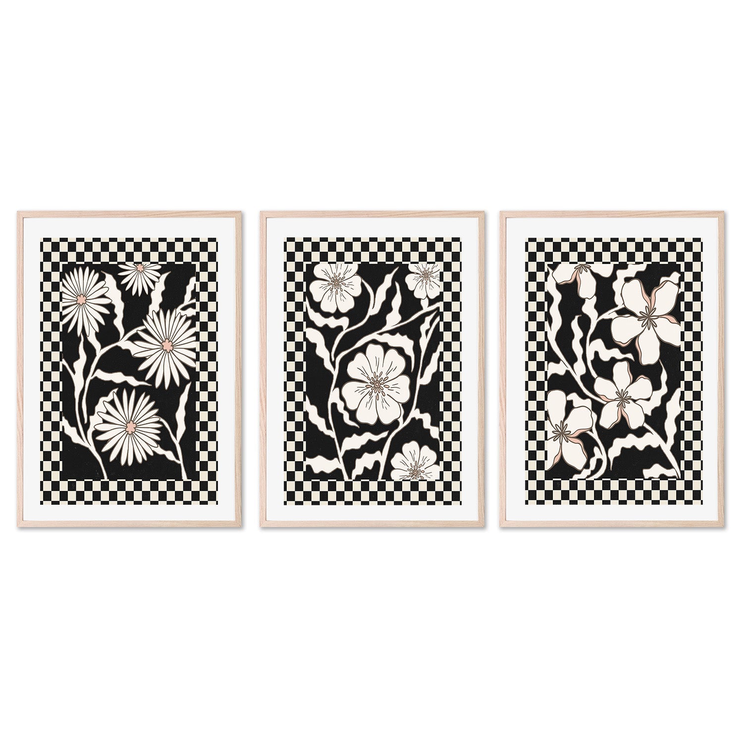 wall-art-print-canvas-poster-framed-Checker Floral, Style D, E & F, Set Of 3 , By Nina Blue-6