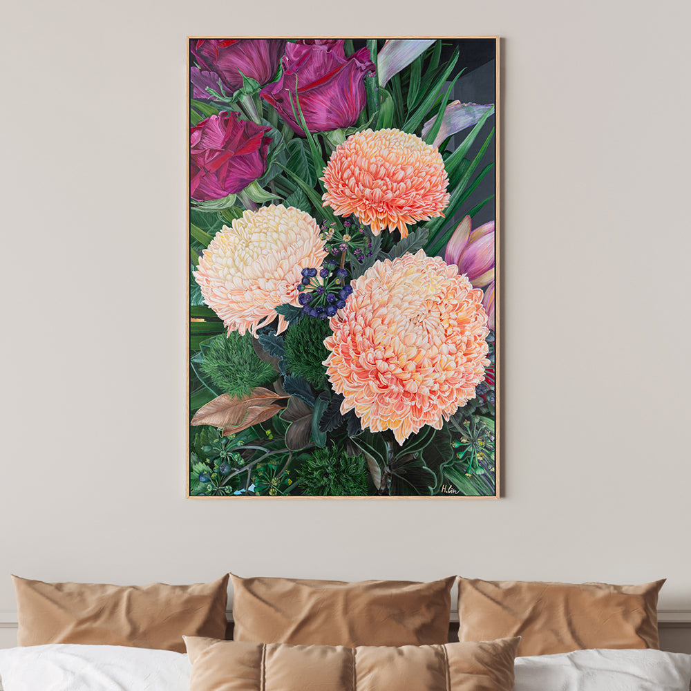 wall-art-print-canvas-poster-framed-Chrysanthemums, Roses and Green Ball Dianthus , By Hsin Lin-GIOIA-WALL-ART