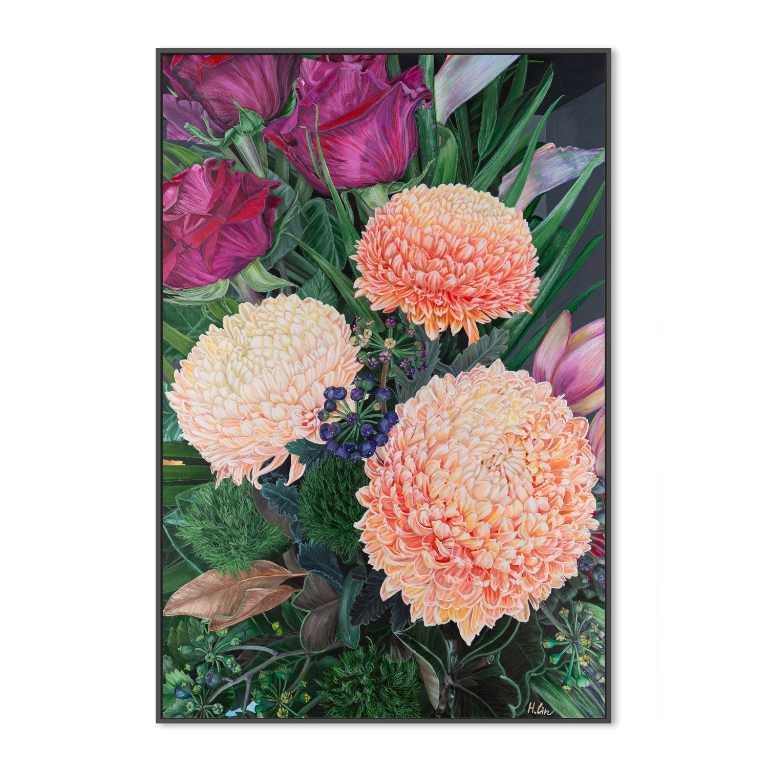 wall-art-print-canvas-poster-framed-Chrysanthemums, Roses and Green Ball Dianthus , By Hsin Lin-GIOIA-WALL-ART