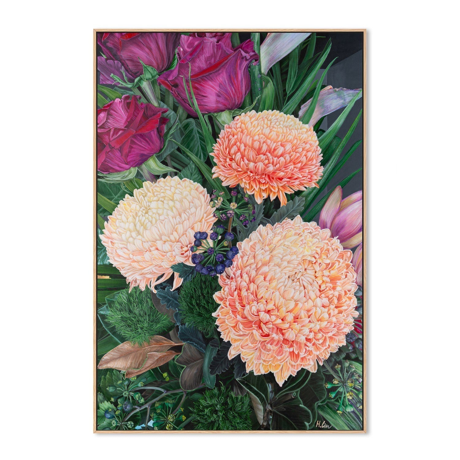 wall-art-print-canvas-poster-framed-Chrysanthemums, Roses and Green Ball Dianthus , By Hsin Lin-GIOIA-WALL-ART