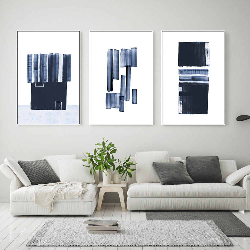 wall-art-print-canvas-poster-framed-Cryptic Blue Strokes, Set Of 3 , By Danushka Abeygoda-GIOIA-WALL-ART