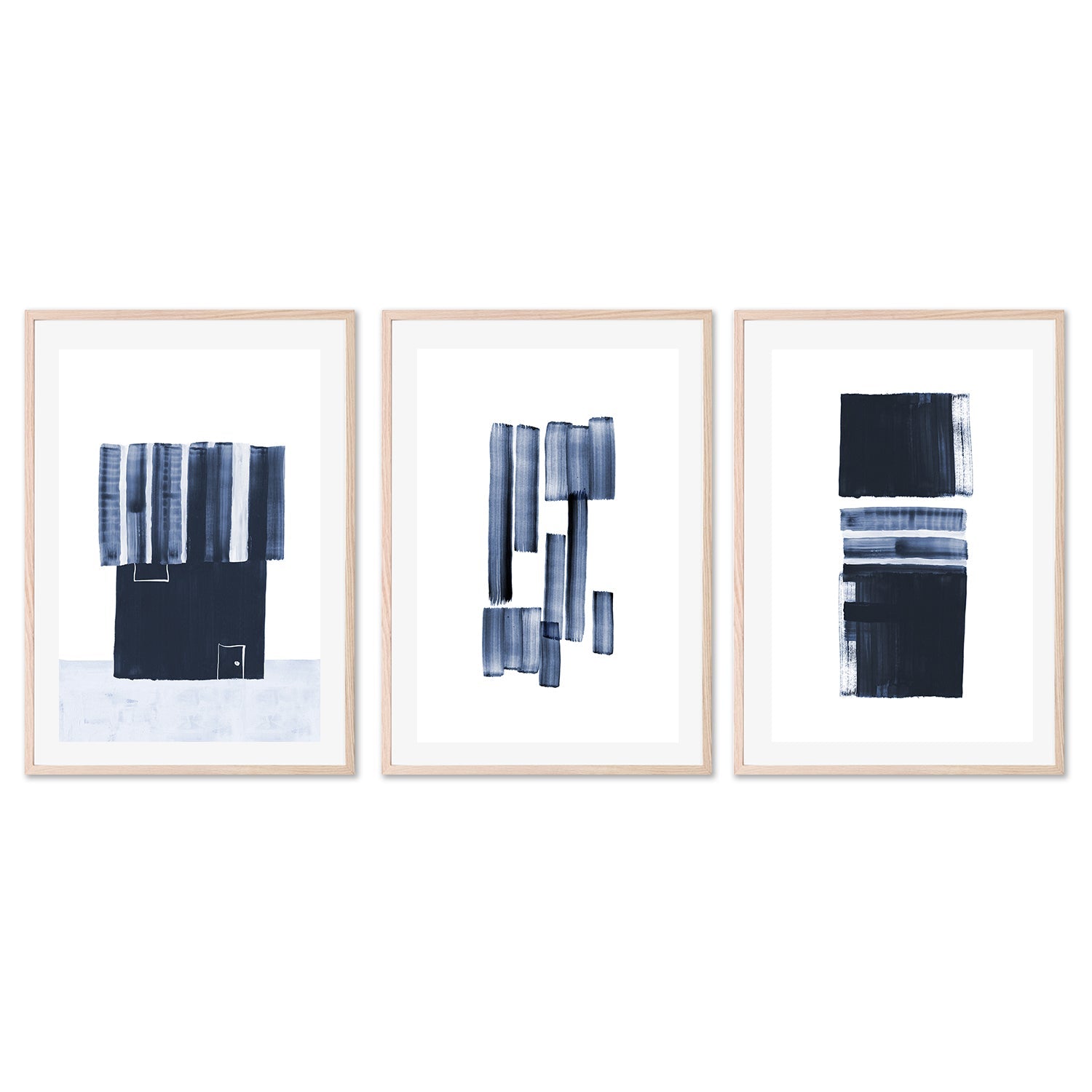 wall-art-print-canvas-poster-framed-Cryptic Blue Strokes, Set Of 3 , By Danushka Abeygoda-GIOIA-WALL-ART