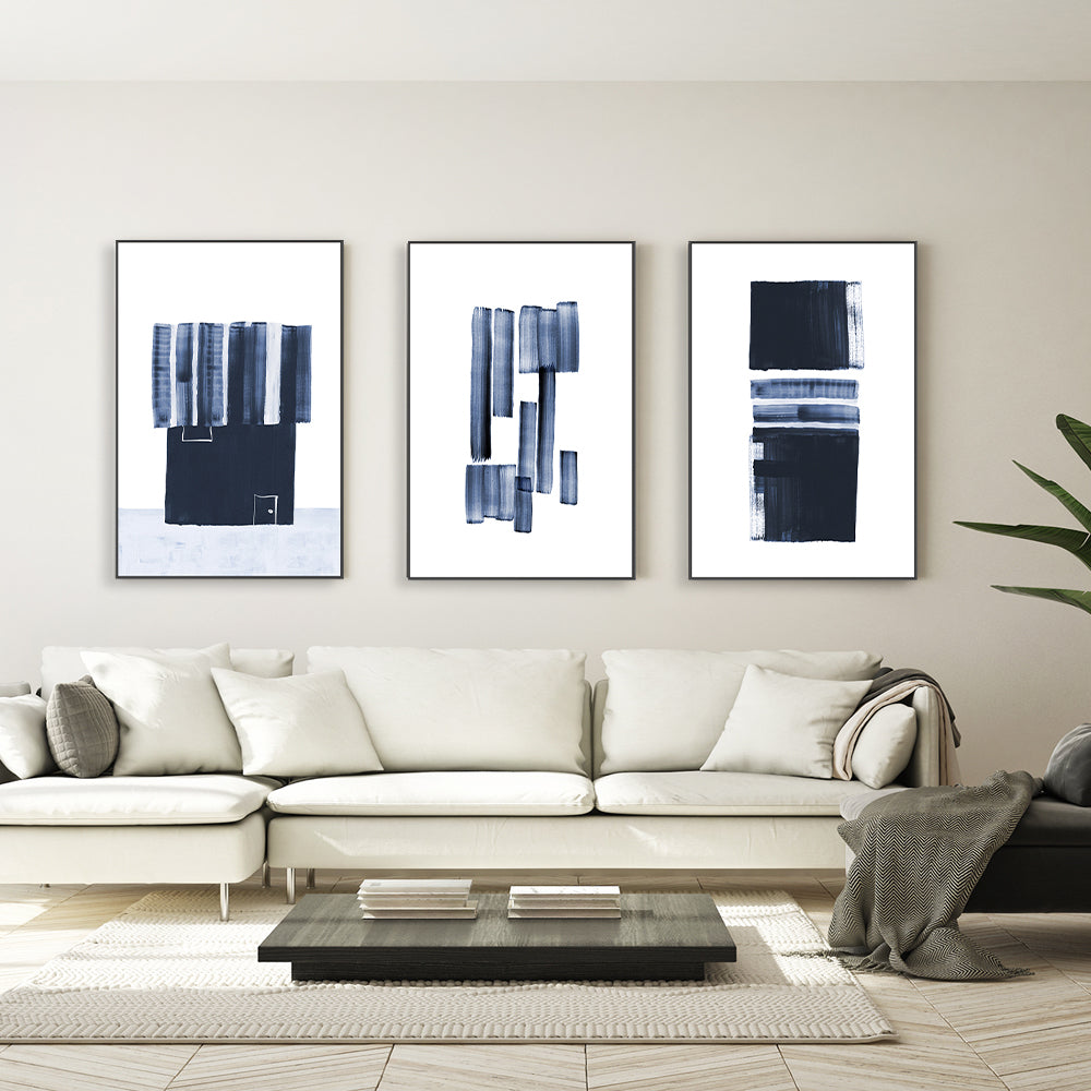 wall-art-print-canvas-poster-framed-Cryptic Blue Strokes, Set Of 3 , By Danushka Abeygoda-GIOIA-WALL-ART