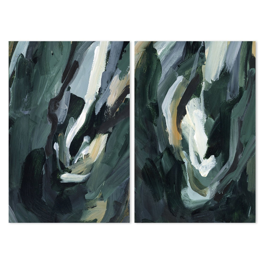 wall-art-print-canvas-poster-framed-Dark Green Abstract, Set Of 2-by-Emily Wood-Gioia Wall Art