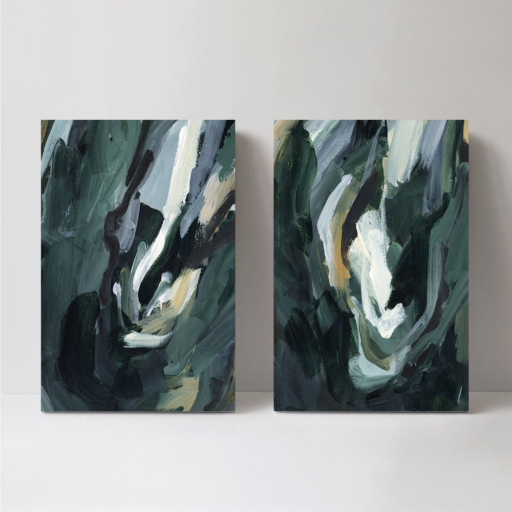 wall-art-print-canvas-poster-framed-Dark Green Abstract, Set Of 2-by-Emily Wood-Gioia Wall Art