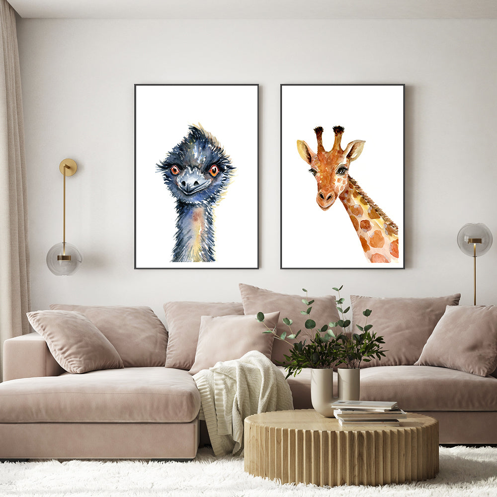 wall-art-print-canvas-poster-framed-Emu & Giraffe, Set of 2 , By Jessie Mitchelson-GIOIA-WALL-ART