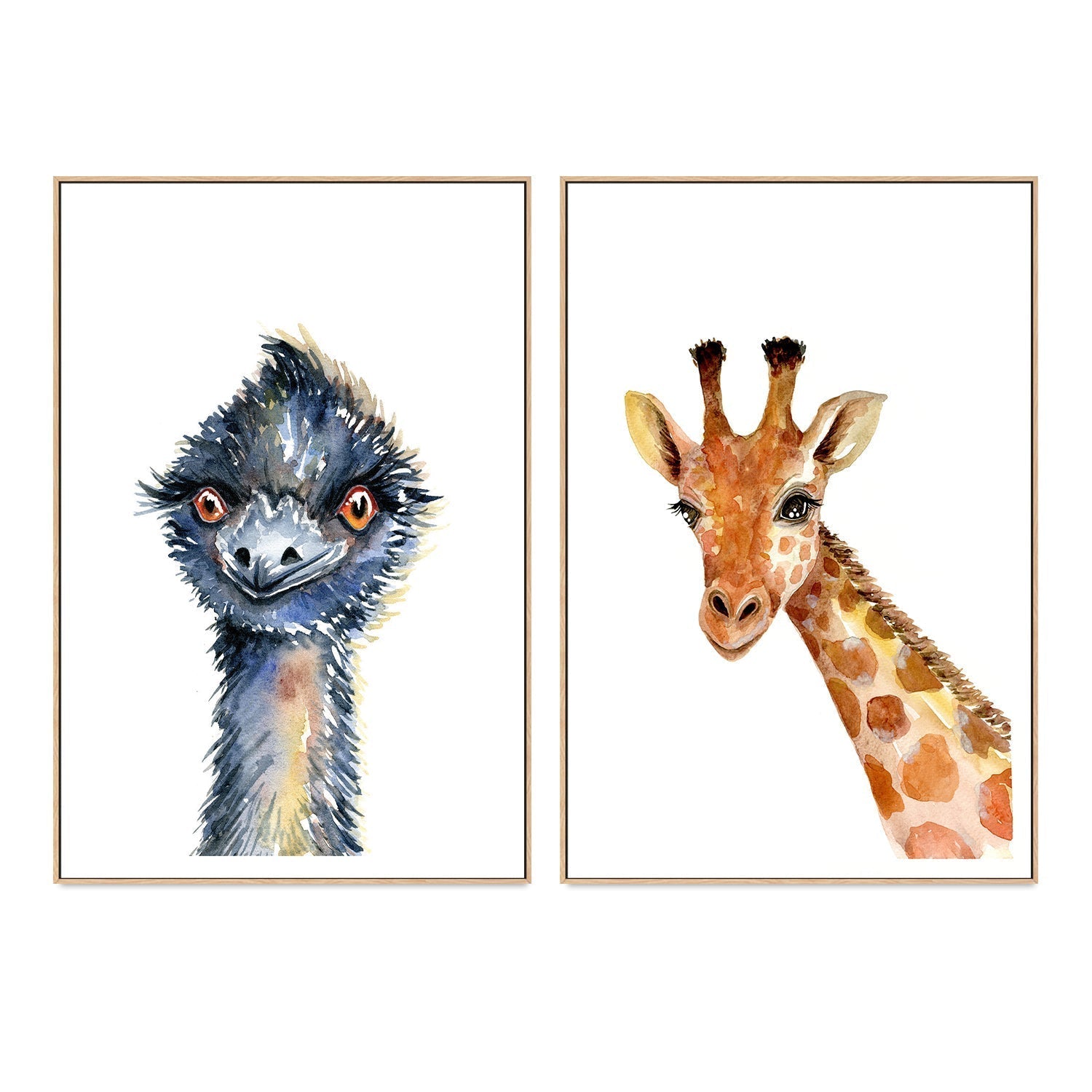 wall-art-print-canvas-poster-framed-Emu & Giraffe, Set of 2 , By Jessie Mitchelson-GIOIA-WALL-ART