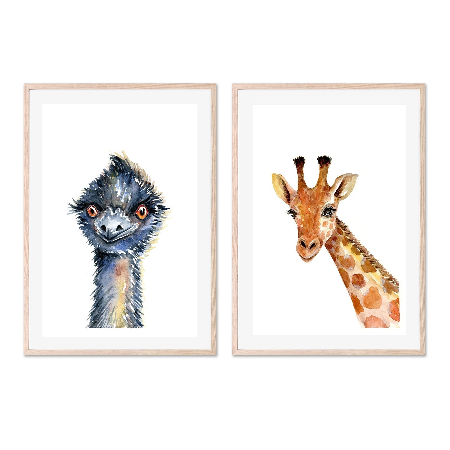 wall-art-print-canvas-poster-framed-Emu & Giraffe, Set of 2 , By Jessie Mitchelson-GIOIA-WALL-ART