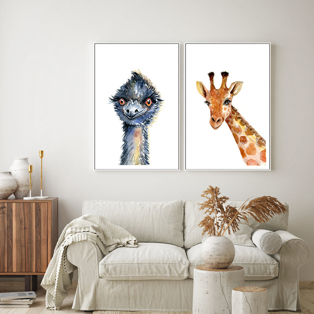 wall-art-print-canvas-poster-framed-Emu & Giraffe, Set of 2 , By Jessie Mitchelson-GIOIA-WALL-ART