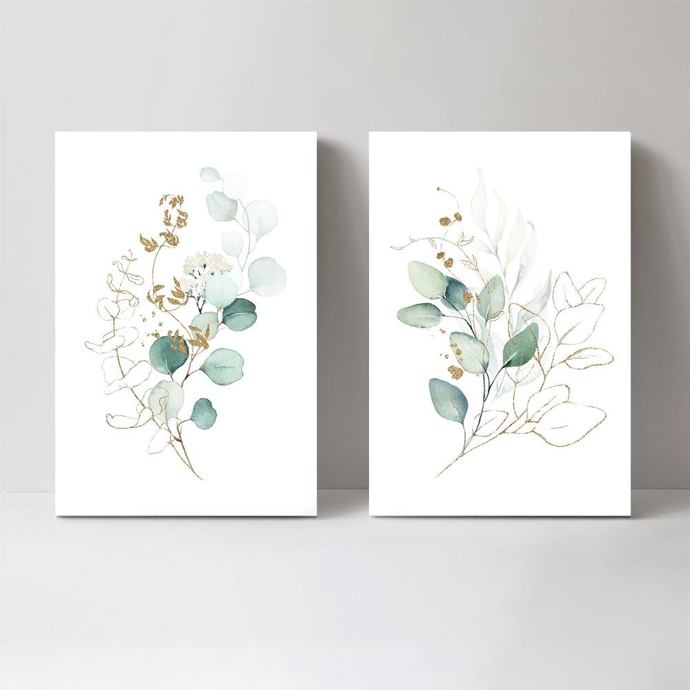 wall-art-print-canvas-poster-framed-Eucalyptus Leaves With Golden Twigs, Set Of 2, Style A-by-Gioia Wall Art-Gioia Wall Art