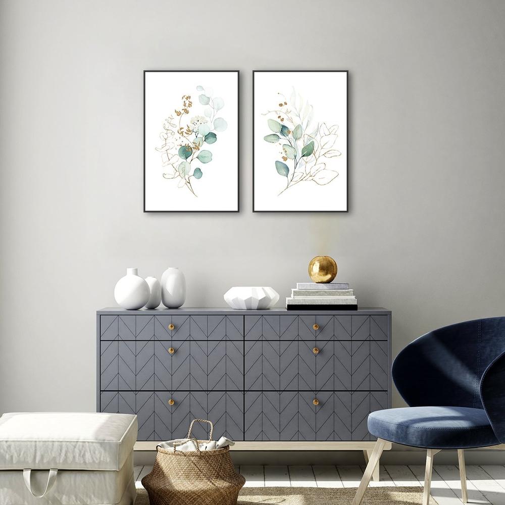 wall-art-print-canvas-poster-framed-Eucalyptus Leaves With Golden Twigs, Set Of 2, Style A-by-Gioia Wall Art-Gioia Wall Art