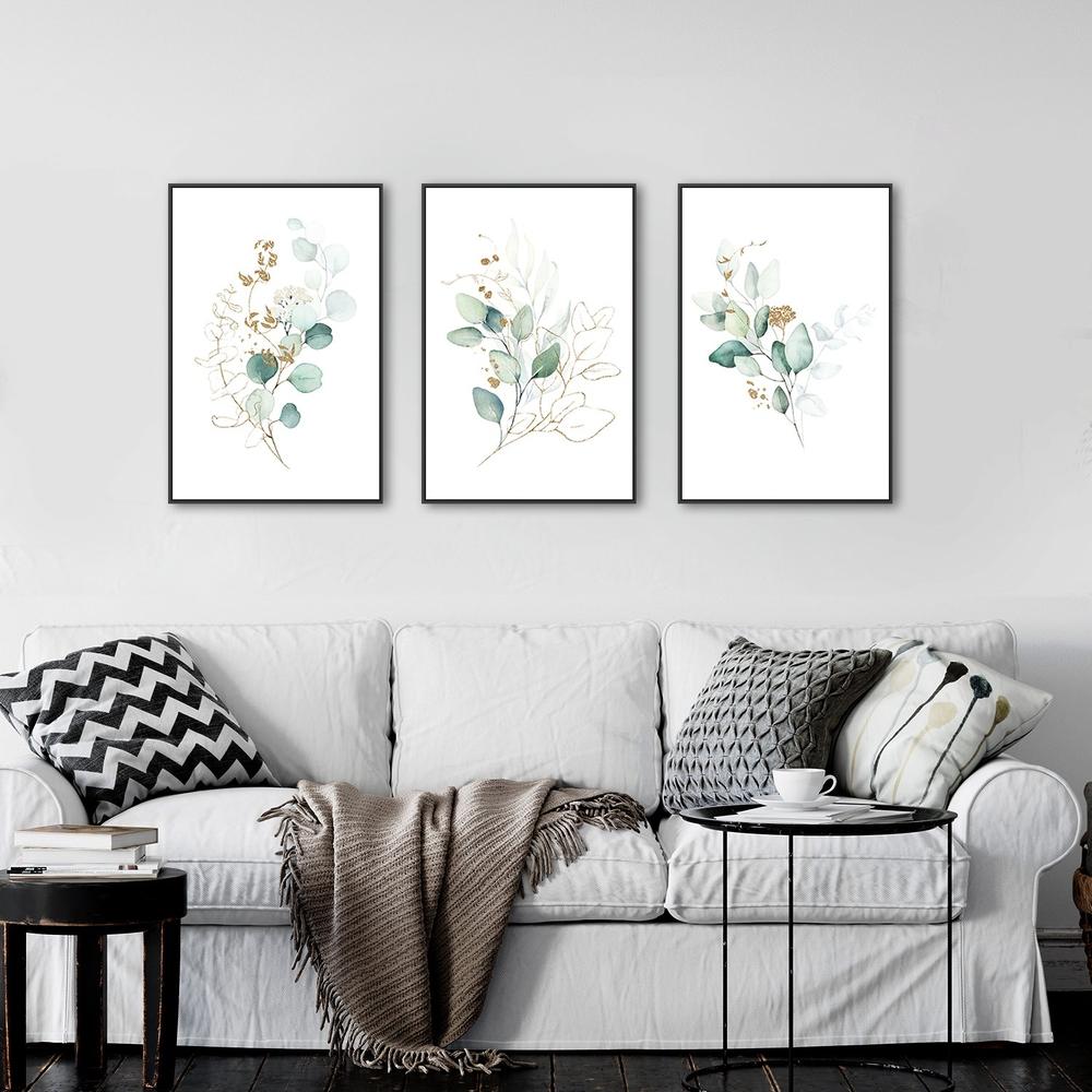 wall-art-print-canvas-poster-framed-Eucalyptus Leaves With Golden Twigs , Set Of 3-by-Gioia Wall Art-Gioia Wall Art