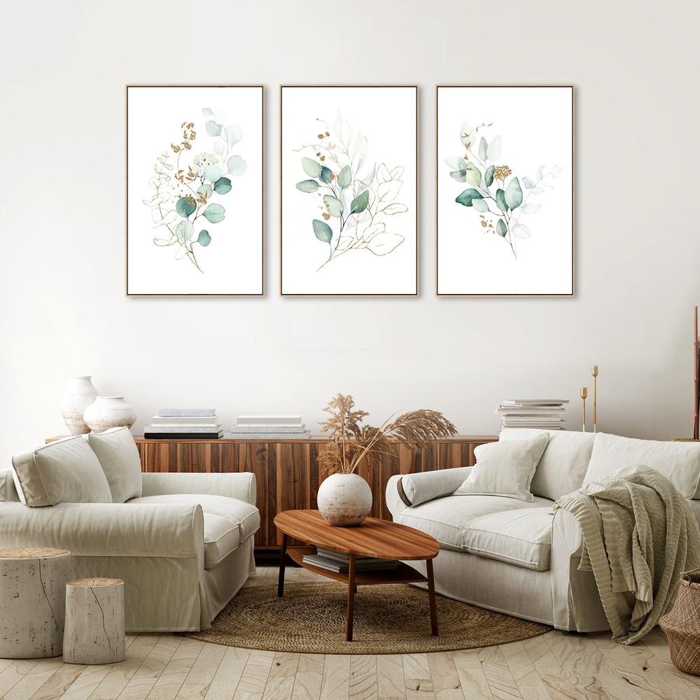 wall-art-print-canvas-poster-framed-Eucalyptus Leaves With Golden Twigs , Set Of 3-by-Gioia Wall Art-Gioia Wall Art