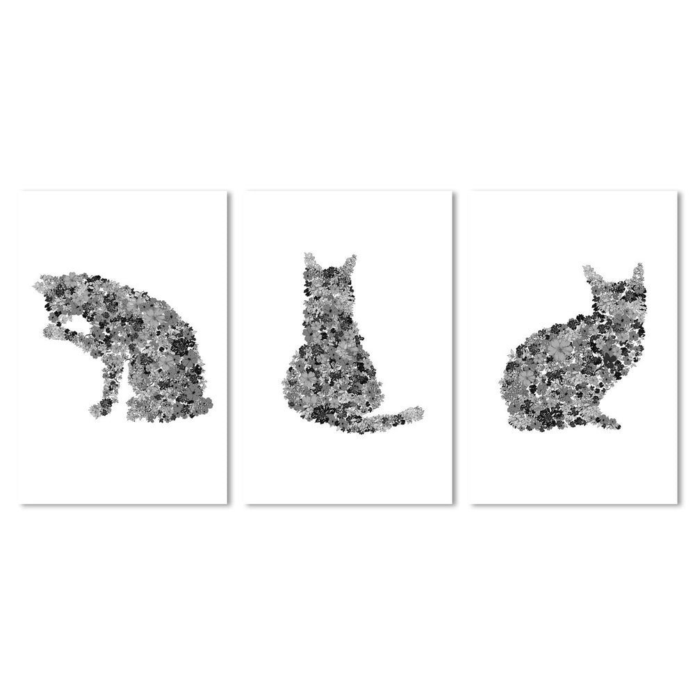 wall-art-print-canvas-poster-framed-Floral Cat, Set Of 3-by-Danushka Abeygoda-Gioia Wall Art