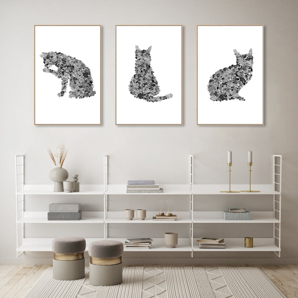 wall-art-print-canvas-poster-framed-Floral Cat, Set Of 3-by-Danushka Abeygoda-Gioia Wall Art