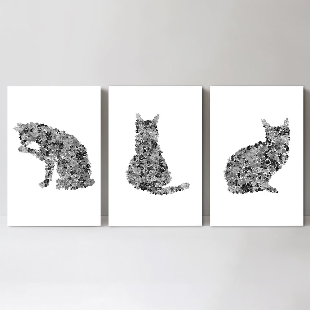 wall-art-print-canvas-poster-framed-Floral Cat, Set Of 3-by-Danushka Abeygoda-Gioia Wall Art