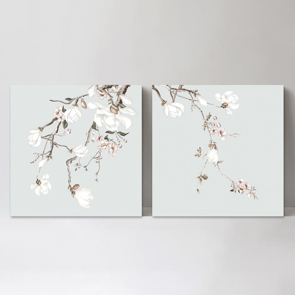 wall-art-print-canvas-poster-framed-Forcasting Spring, Magnolia And Peach Blossom In Pastel Green Background, Set Of 2-by-Gioia Wall Art-Gioia Wall Art