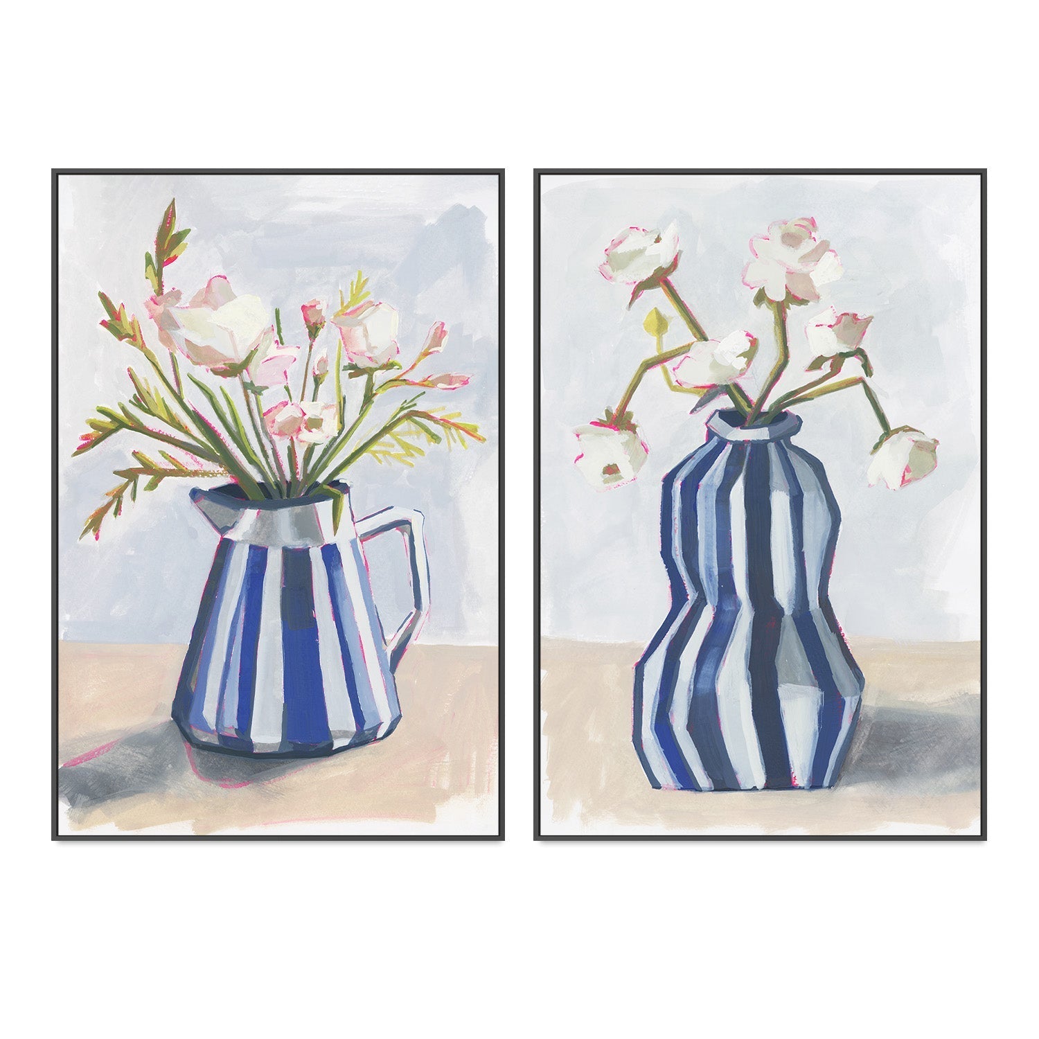 wall-art-print-canvas-poster-framed-Fresh Flowers In A Striped Vase, Style A & B, Set Of-3