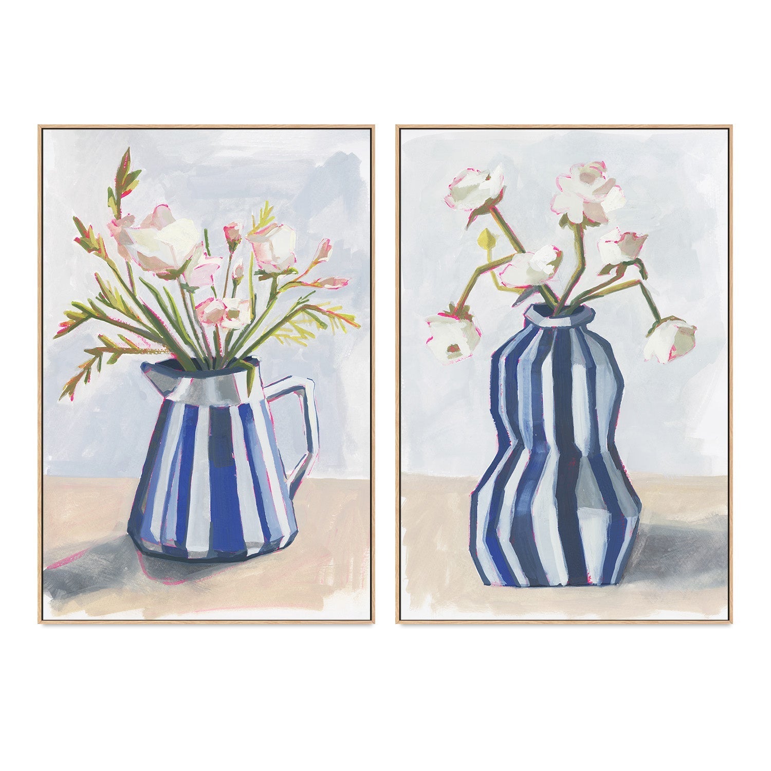 wall-art-print-canvas-poster-framed-Fresh Flowers In A Striped Vase, Style A & B, Set Of-4