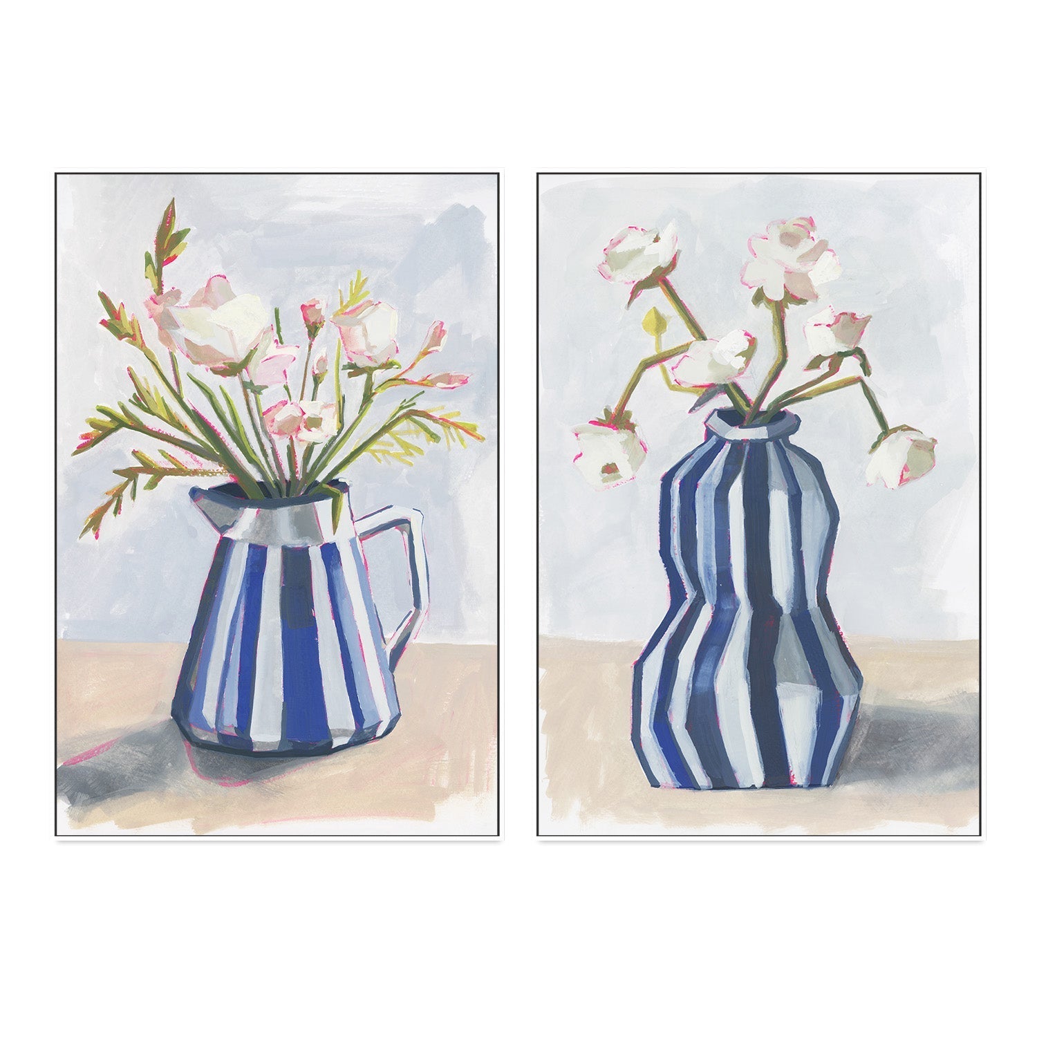 wall-art-print-canvas-poster-framed-Fresh Flowers In A Striped Vase, Style A & B, Set Of-5