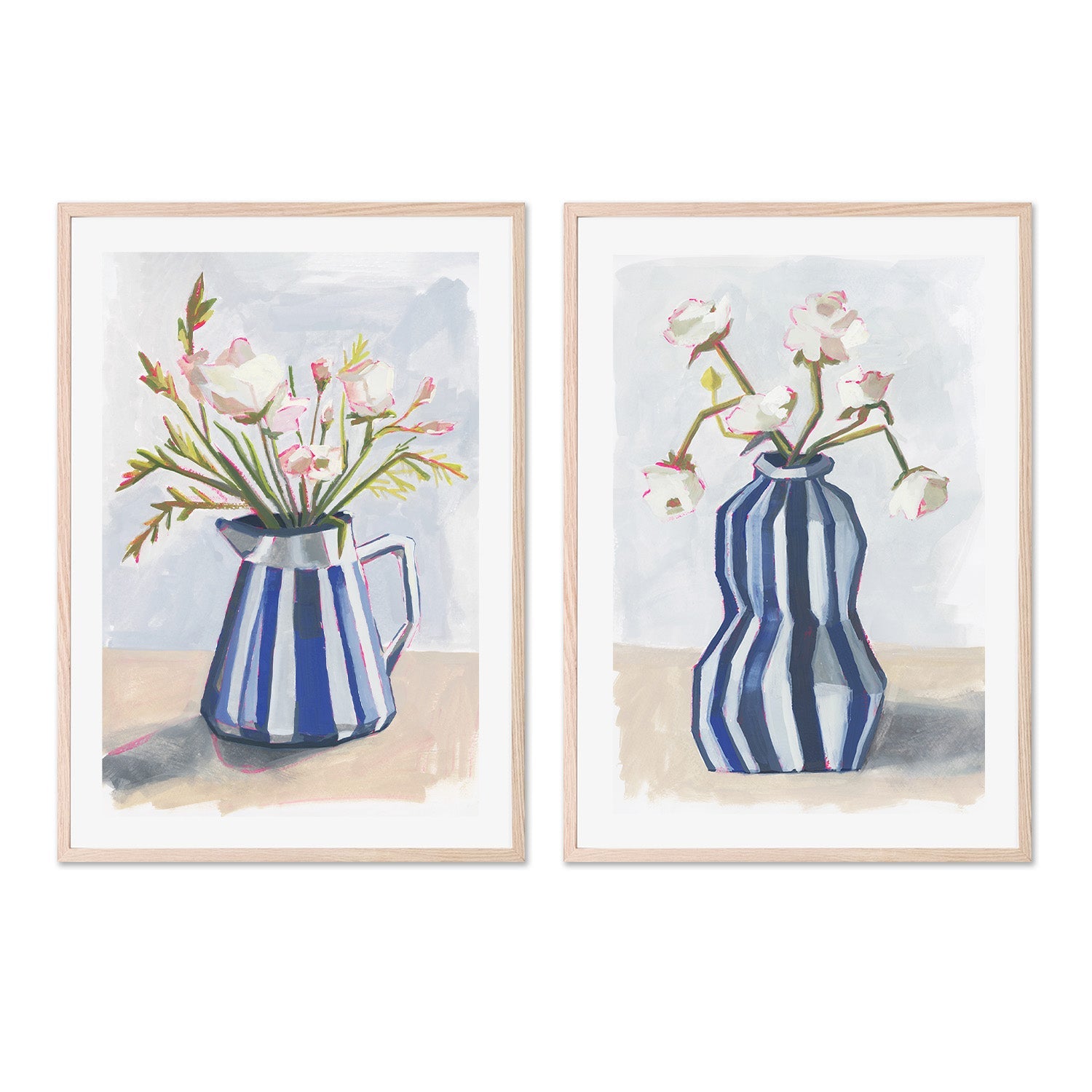 wall-art-print-canvas-poster-framed-Fresh Flowers In A Striped Vase, Style A & B, Set Of-6