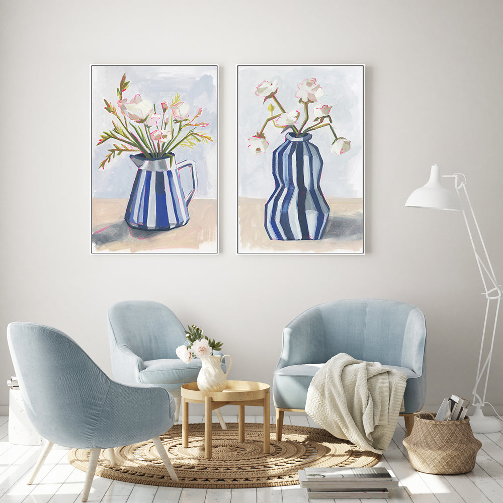 wall-art-print-canvas-poster-framed-Fresh Flowers In A Striped Vase, Style A & B, Set Of-7