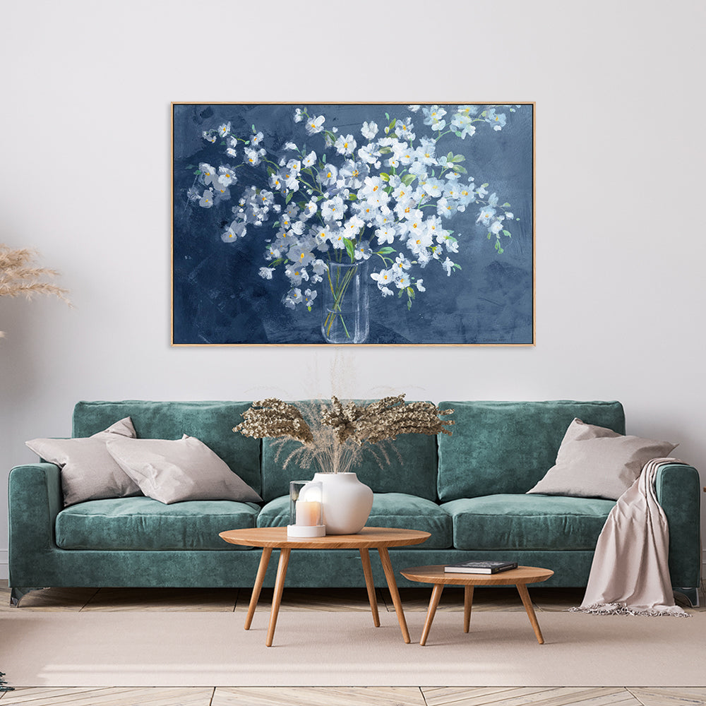 wall-art-print-canvas-poster-framed-Fresh White Bouquet Dark Blue-by-Danhui Nai-Gioia Wall Art