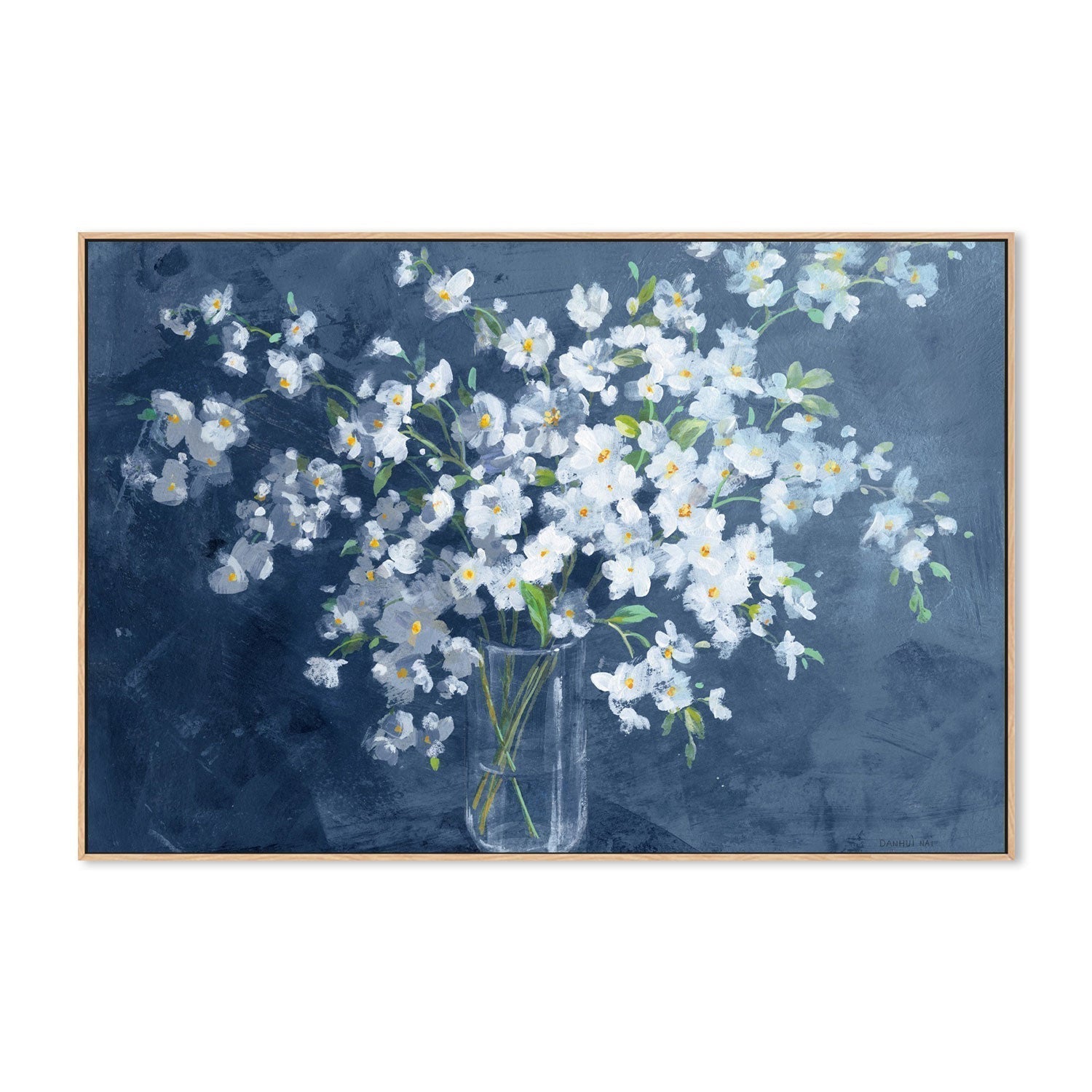 wall-art-print-canvas-poster-framed-Fresh White Bouquet Dark Blue-by-Danhui Nai-Gioia Wall Art