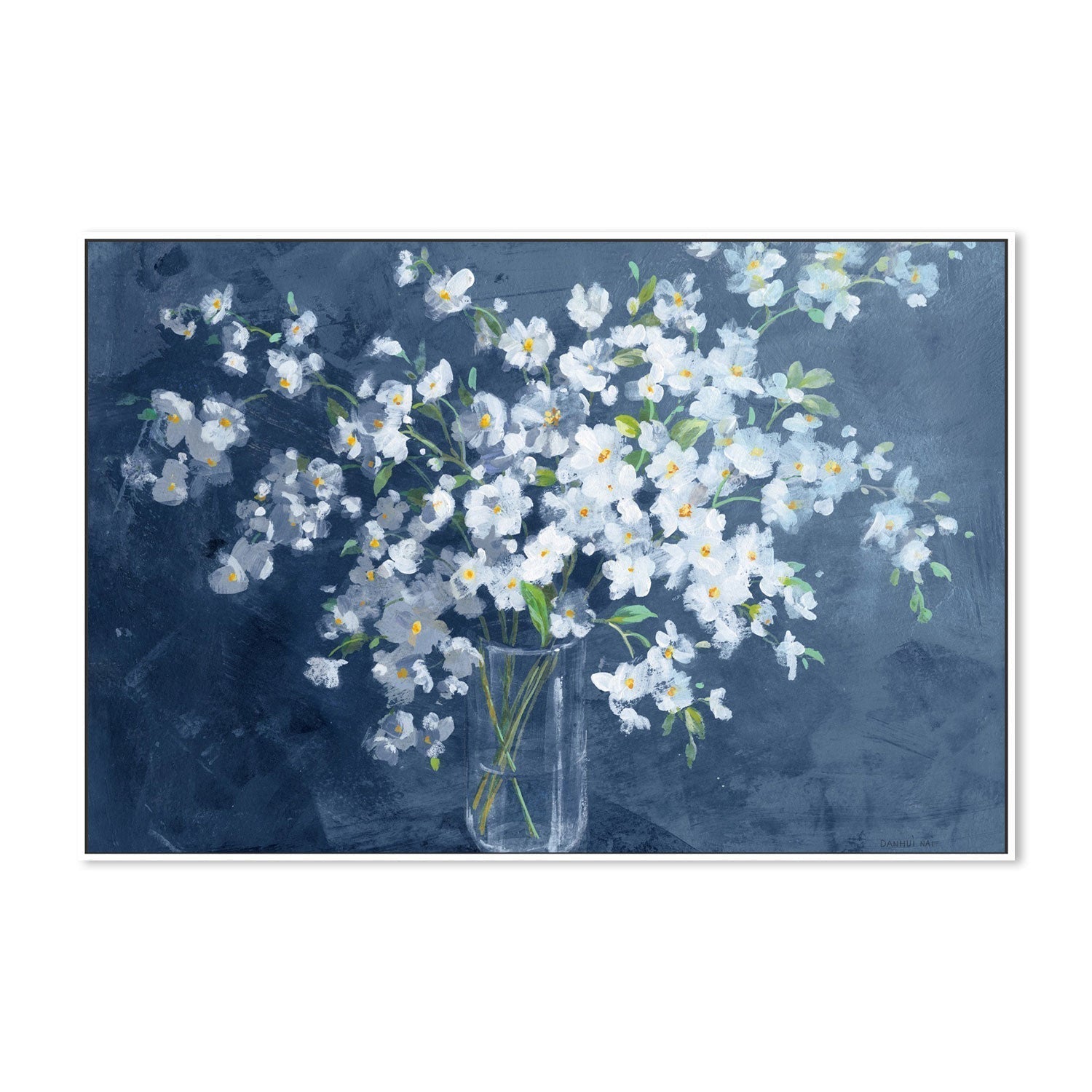 wall-art-print-canvas-poster-framed-Fresh White Bouquet Dark Blue-by-Danhui Nai-Gioia Wall Art