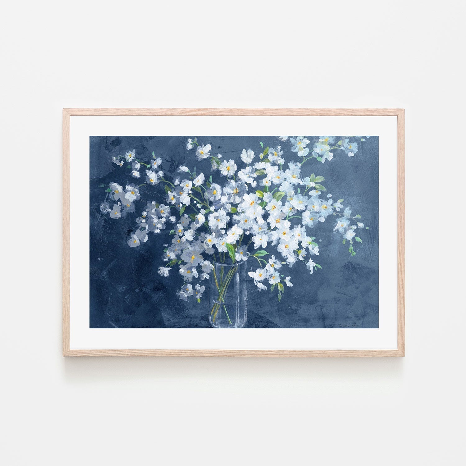 wall-art-print-canvas-poster-framed-Fresh White Bouquet Dark Blue-by-Danhui Nai-Gioia Wall Art