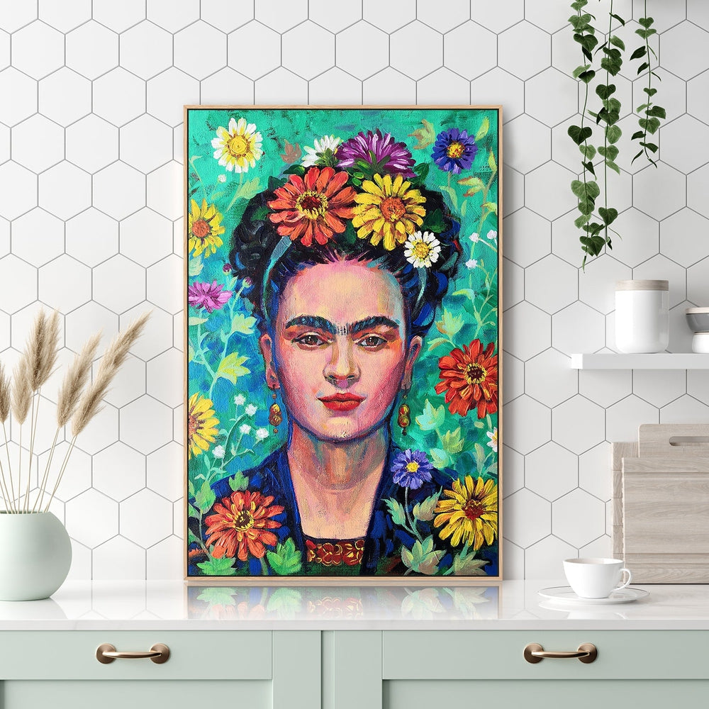 wall-art-print-canvas-poster-framed-Frida Kahlo Floral Portrait, Style A-by-Ekaterina Prisich-Gioia Wall Art