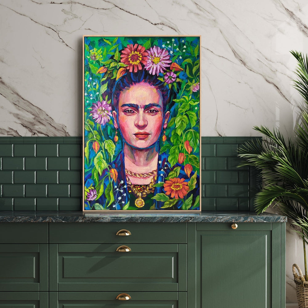 wall-art-print-canvas-poster-framed-Frida Kahlo Floral Portrait, Style B-by-Ekaterina Prisich-Gioia Wall Art