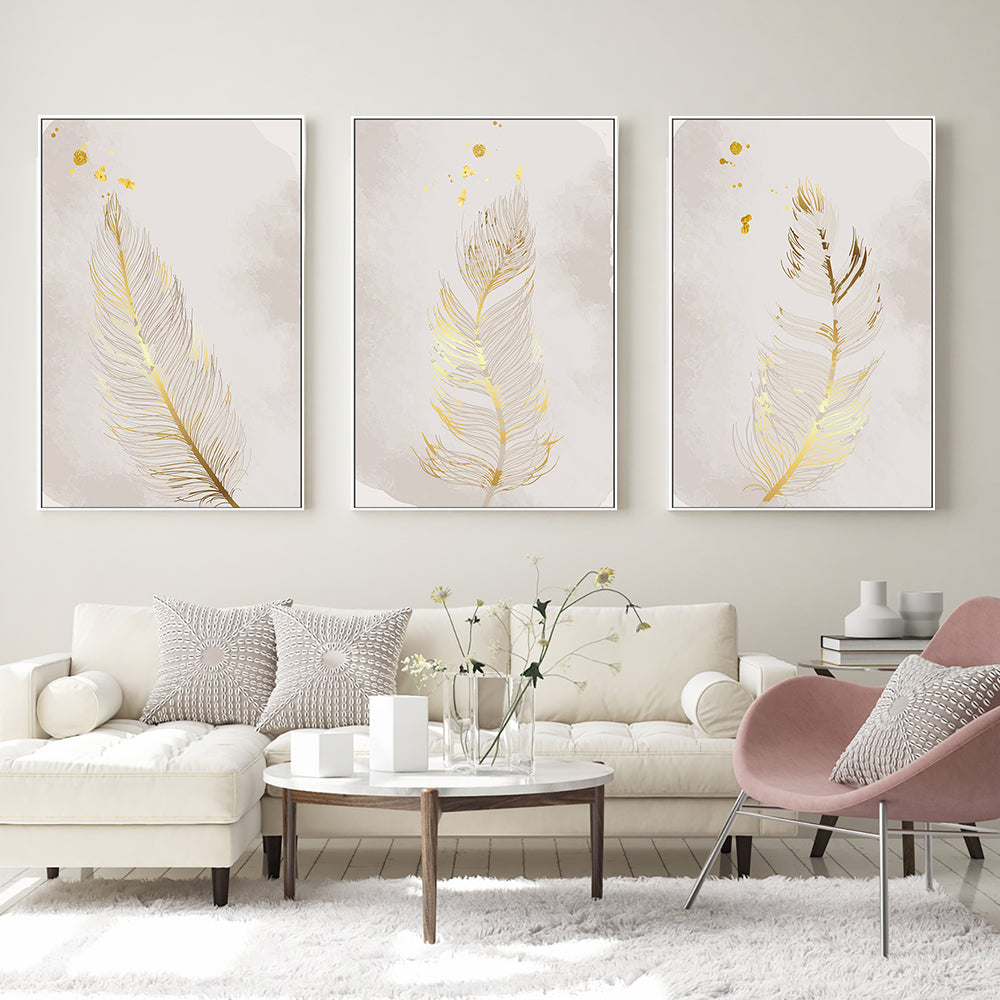 wall-art-print-canvas-poster-framed-Gold Feather, Style A, B & C, Set Of 3-GIOIA-WALL-ART