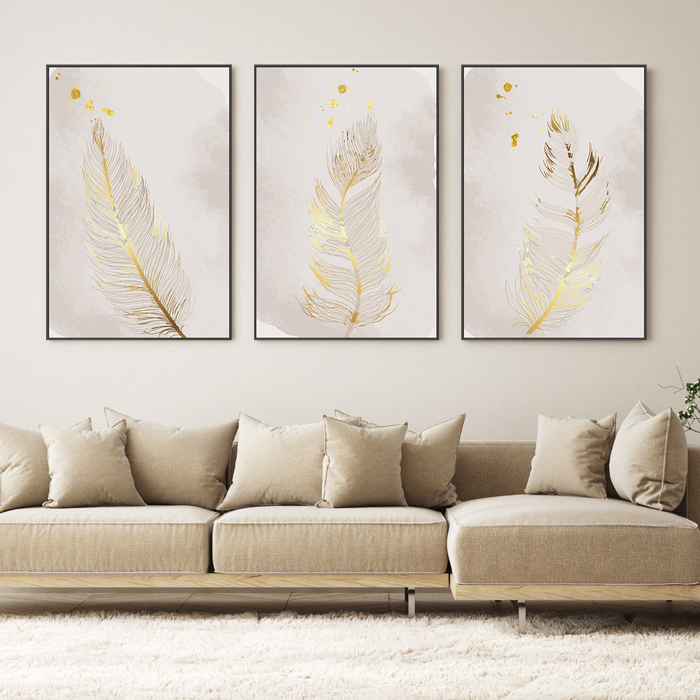 wall-art-print-canvas-poster-framed-Gold Feather, Style A, B & C, Set Of 3-GIOIA-WALL-ART