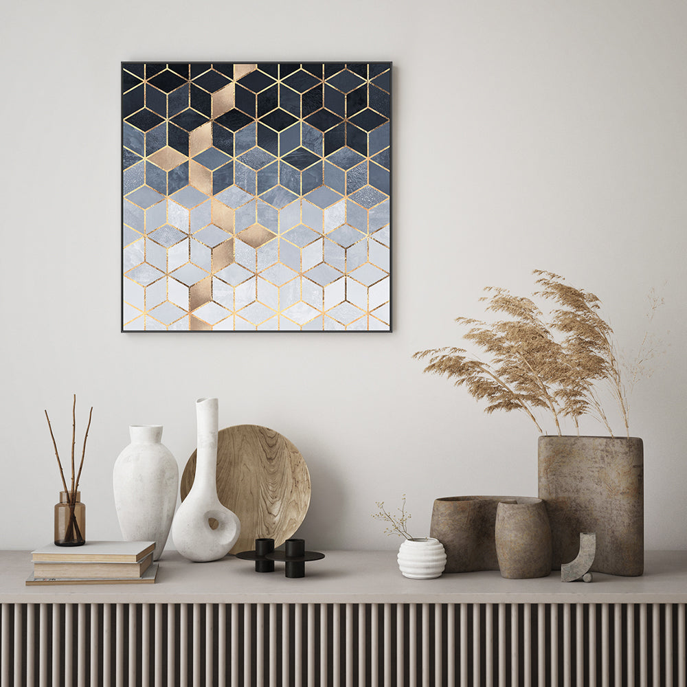 wall-art-print-canvas-poster-framed-Golden Navy Gradient Cubes, Style A-GIOIA-WALL-ART