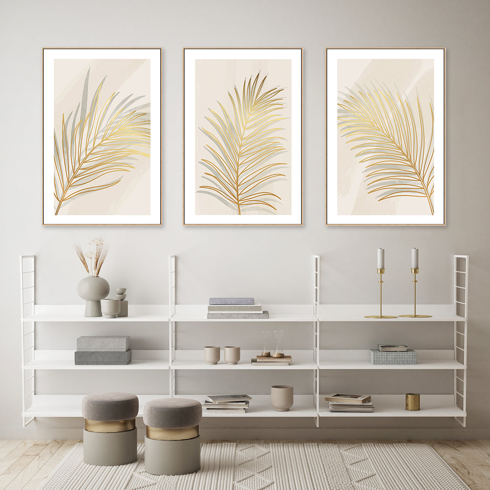 wall-art-print-canvas-poster-framed-Golden Palm Leaf, Style A, B & C, Set Of 3-GIOIA-WALL-ART