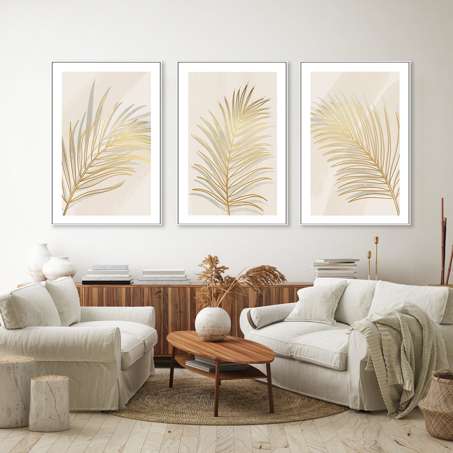 wall-art-print-canvas-poster-framed-Golden Palm Leaf, Style A, B & C, Set Of 3-GIOIA-WALL-ART