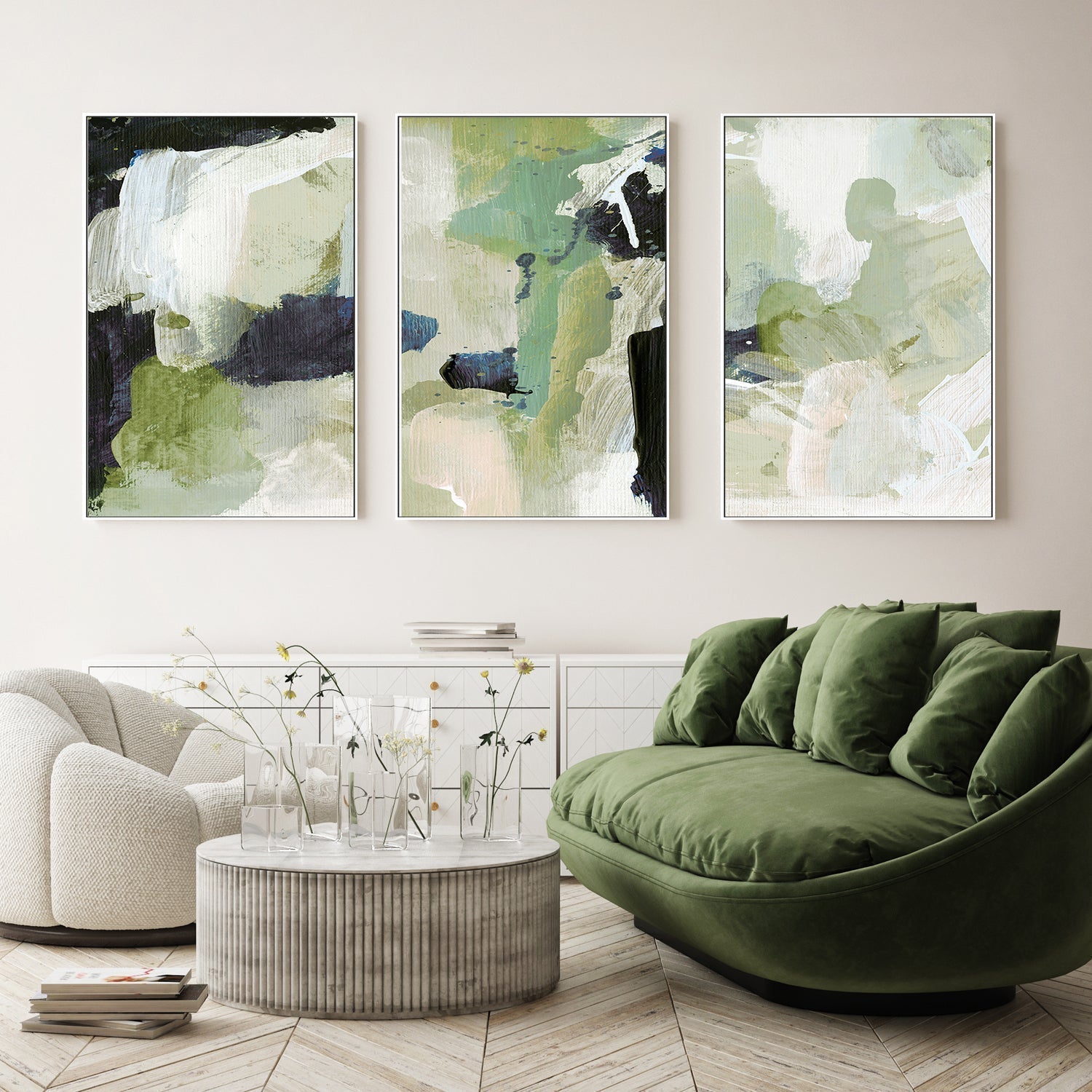 wall-art-print-canvas-poster-framed-Green Abstract, Set Of 3 , By Dan Hobday-by-Dan Hobday-Gioia Wall Art