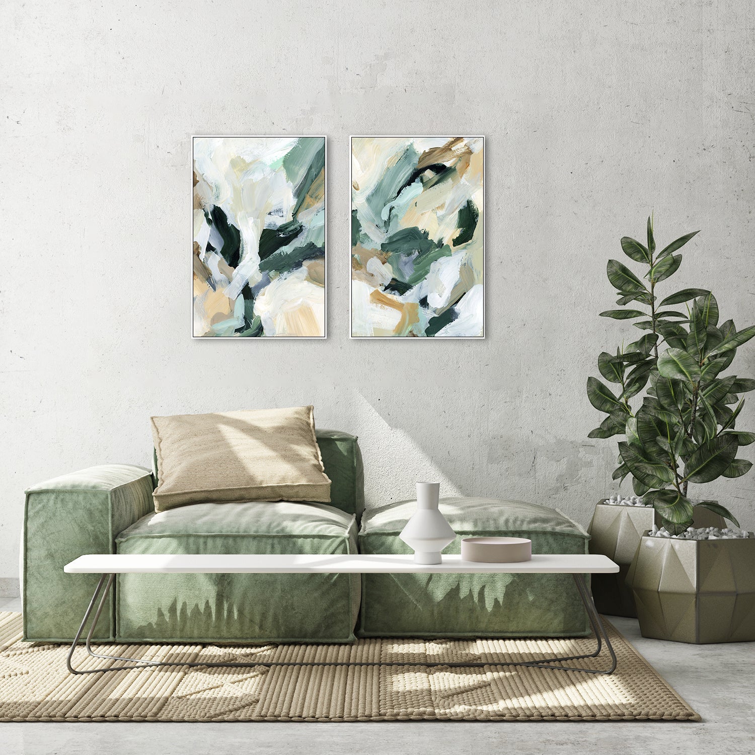 wall-art-print-canvas-poster-framed-Green And Mustard Abstract, Set Of 2-by-Emily Wood-Gioia Wall Art