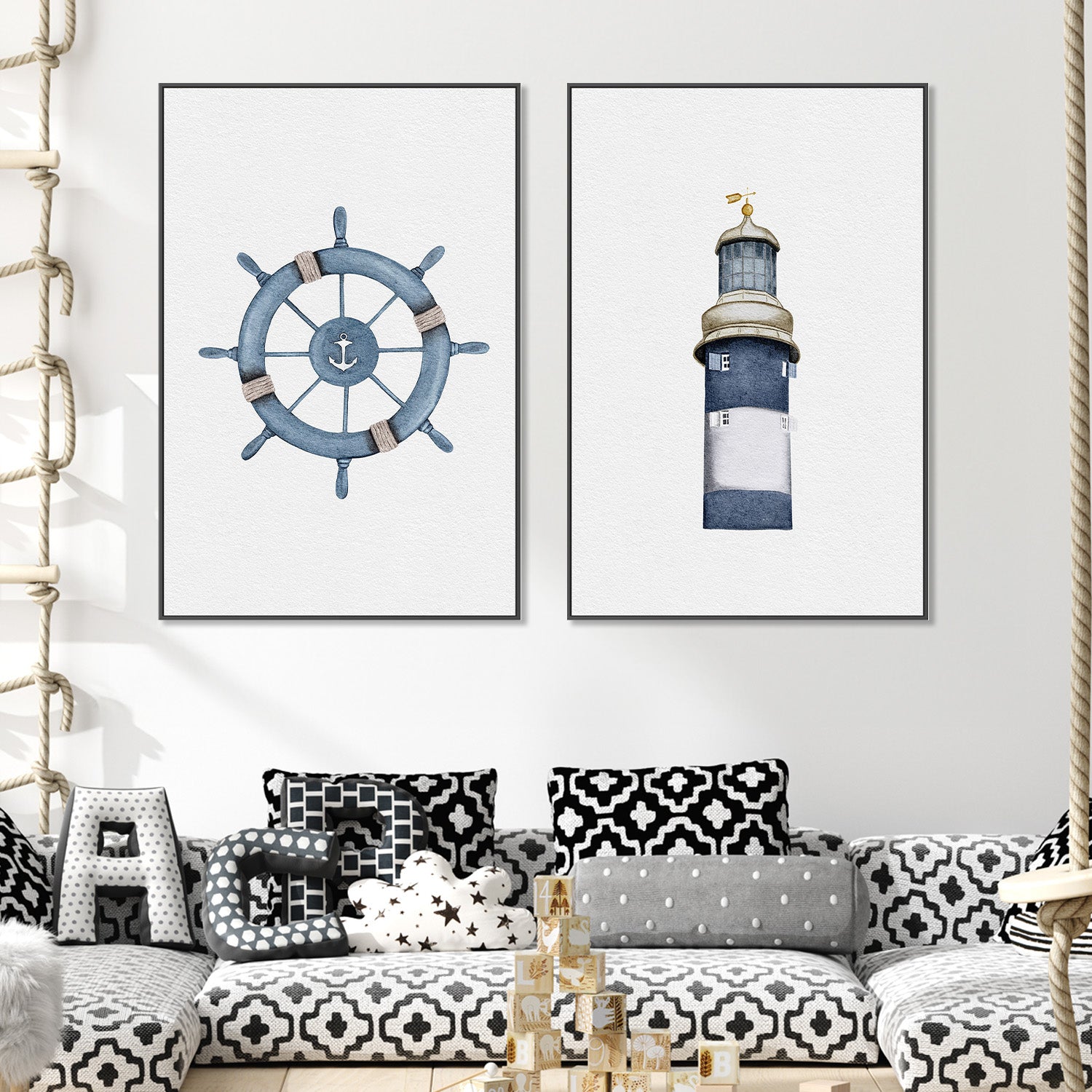 wall-art-print-canvas-poster-framed-Helm Wheel and Lighthouse, Set Of 2 , By Leah Straatsma-2