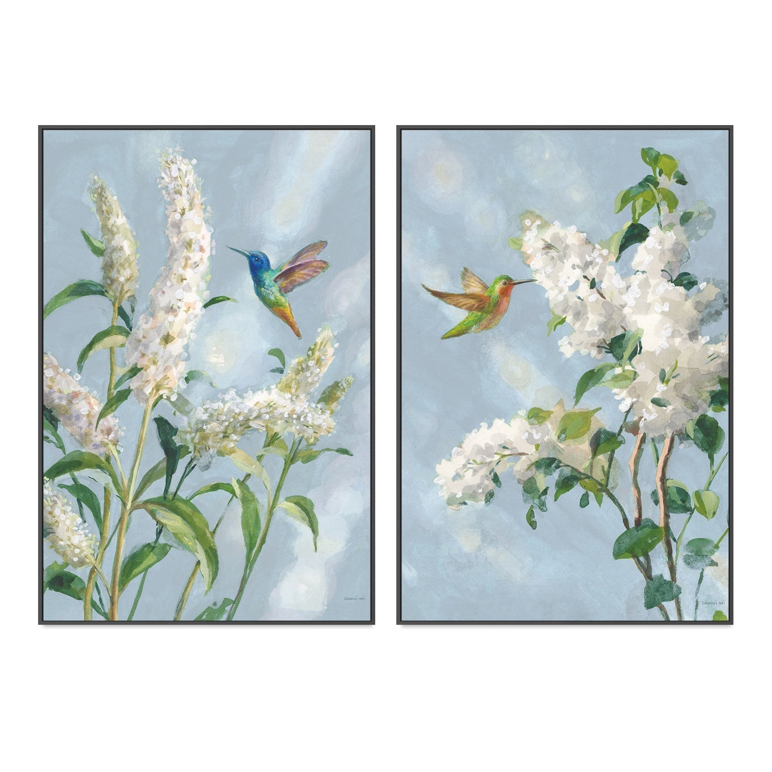 wall-art-print-canvas-poster-framed-Hummingbird Spring Soft Blue, Set of 2-by-Danhui Nai-Gioia Wall Art