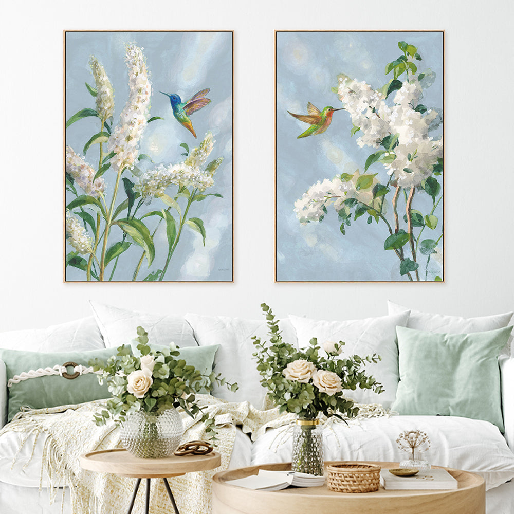 wall-art-print-canvas-poster-framed-Hummingbird Spring Soft Blue, Set of 2-by-Danhui Nai-Gioia Wall Art