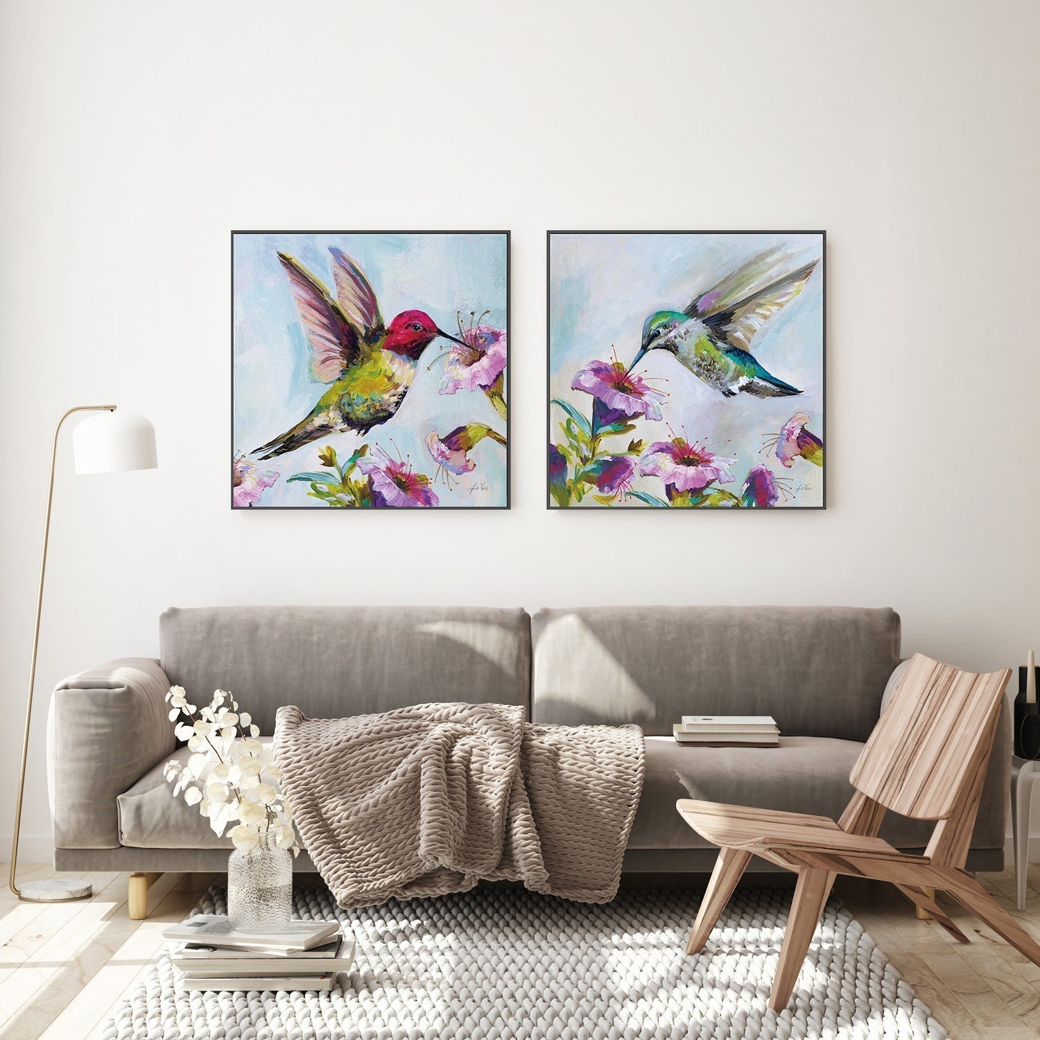 wall-art-print-canvas-poster-framed-Hummingbirds Floral, Set of 2-by-Jeanette Vertentes-Gioia Wall Art