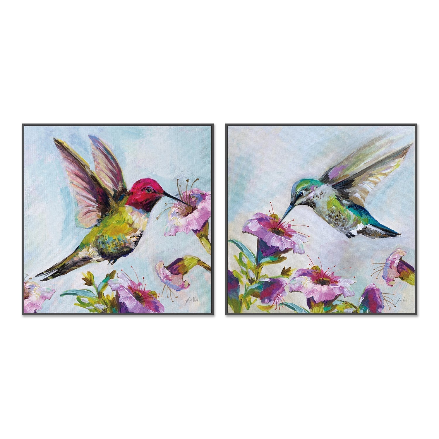 wall-art-print-canvas-poster-framed-Hummingbirds Floral, Set of 2-by-Jeanette Vertentes-Gioia Wall Art