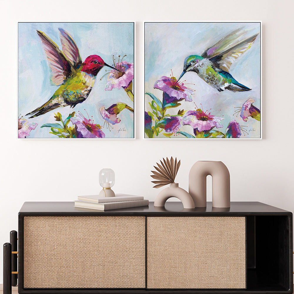 wall-art-print-canvas-poster-framed-Hummingbirds Floral, Set of 2-by-Jeanette Vertentes-Gioia Wall Art