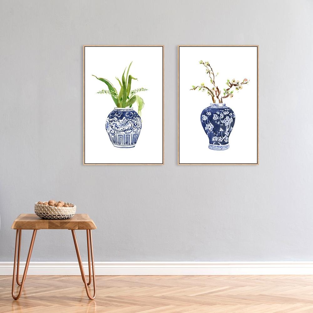 wall-art-print-canvas-poster-framed-Indigo Ginger Vase And Flowers Painting, Set Of 2-by-Gioia Wall Art-Gioia Wall Art