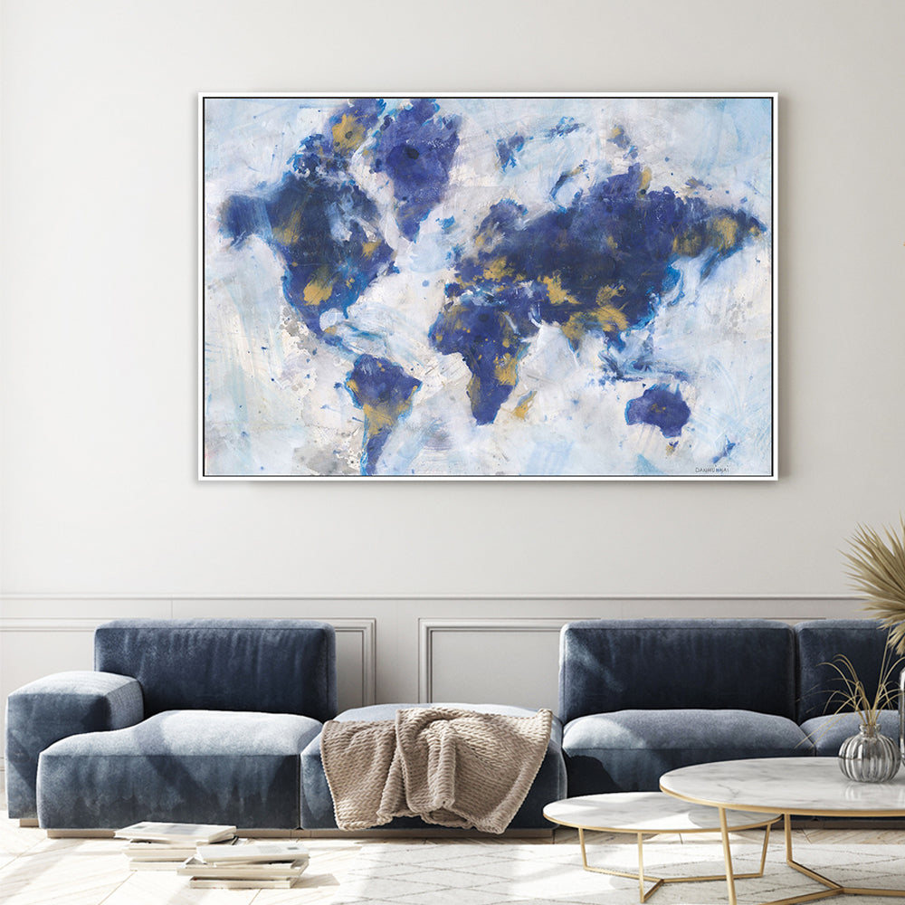 wall-art-print-canvas-poster-framed-Indigo World Map-by-Danhui Nai-Gioia Wall Art