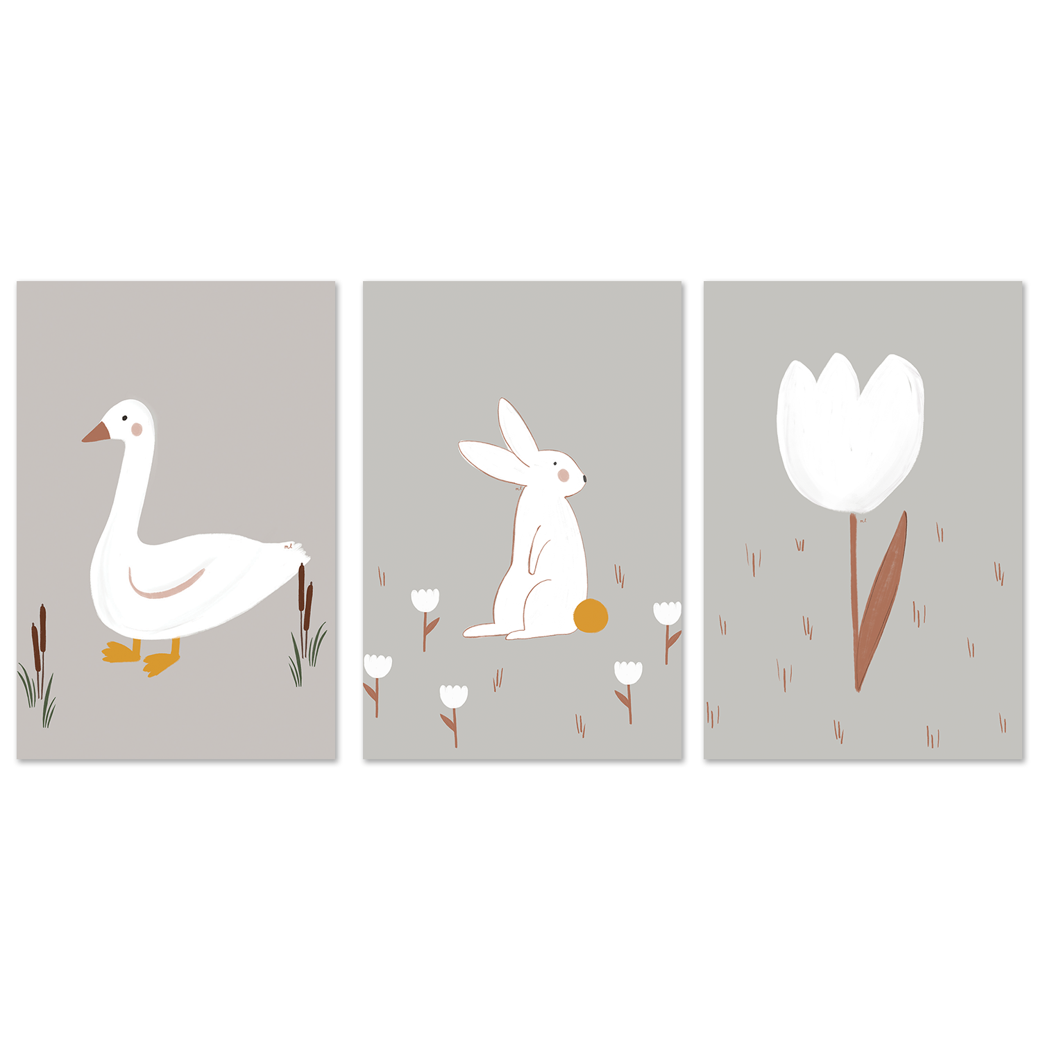 wall-art-print-canvas-poster-framed-Little Goose White Little Bunny and White Tulip, Set Of 3 , By Menina Lisboa-1