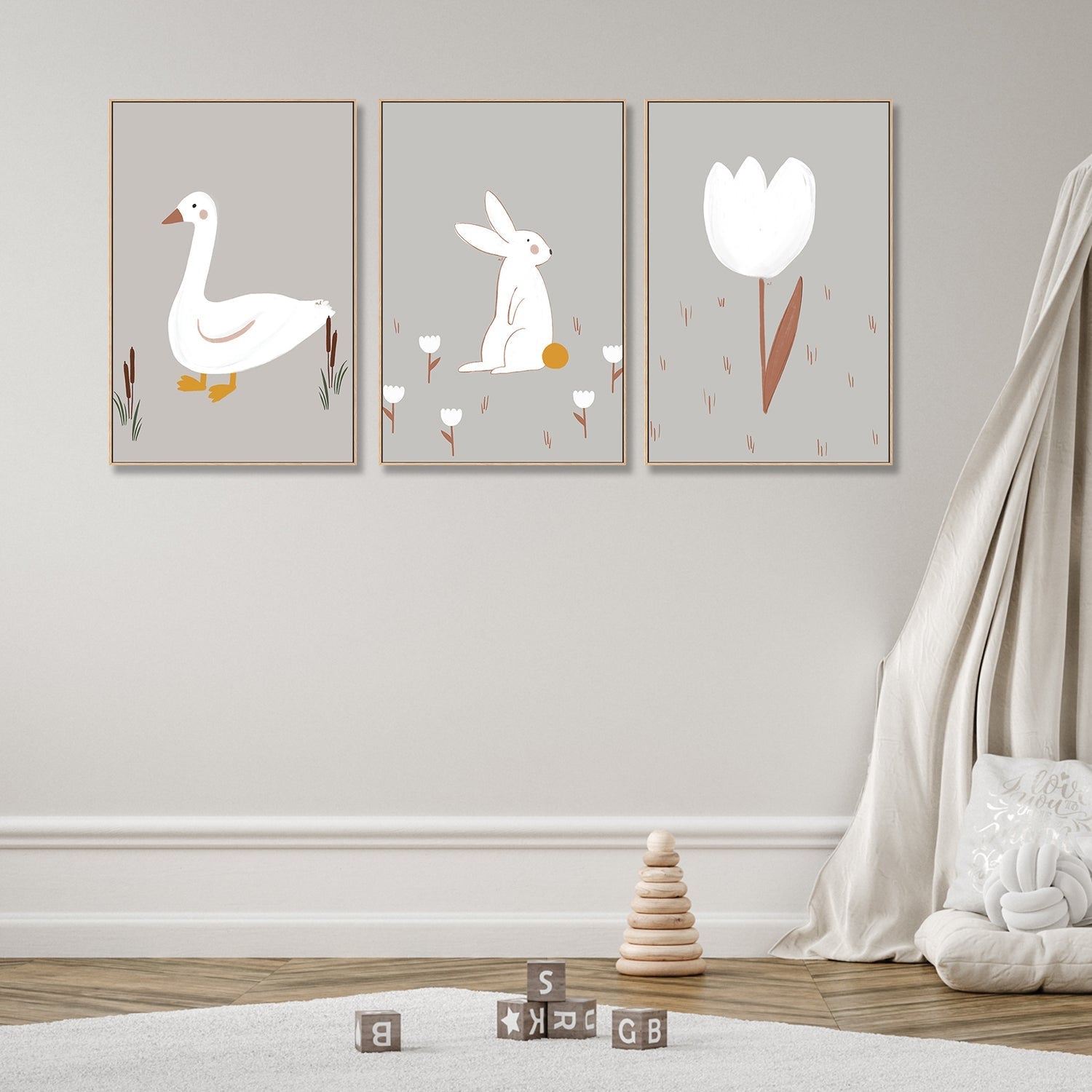 wall-art-print-canvas-poster-framed-Little Goose White Little Bunny and White Tulip, Set Of 3 , By Menina Lisboa-2